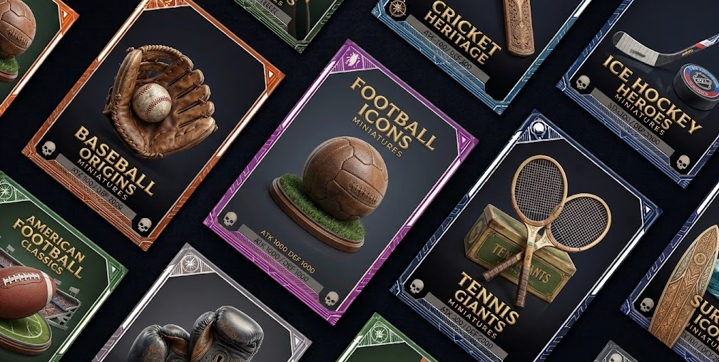 Premium CARTÆ card decks showcase featuring Baseball, Football, Tennis, Hockey and other sports collections